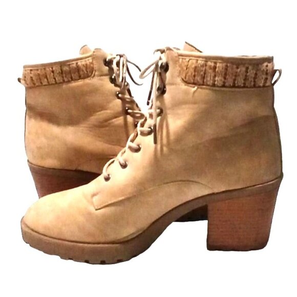 Just Fab Ankle Boot Women 11 Tan Lace Up Chunky Heel Knit Cuff Faux Leather - Picture 3 of 7